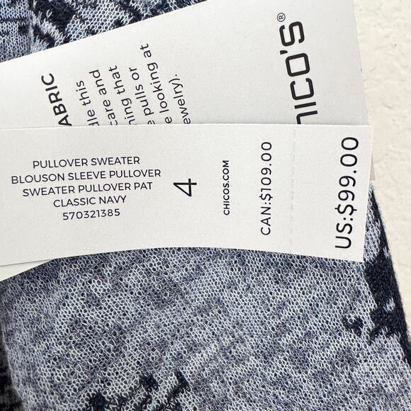 Chico's Womens Pullover Sweater Size XXL Blouson Sleeve Floral Knit Classic Navy - Picture 3 of 8